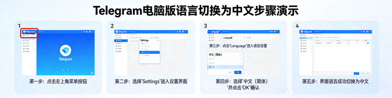 快速将Telegram电脑版界面从英文或其他语言切换为中文的步骤演示