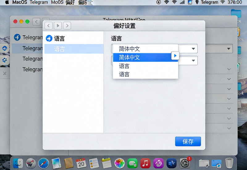 macOS版Telegram偏好设置中选择简体中文语言的界面截图