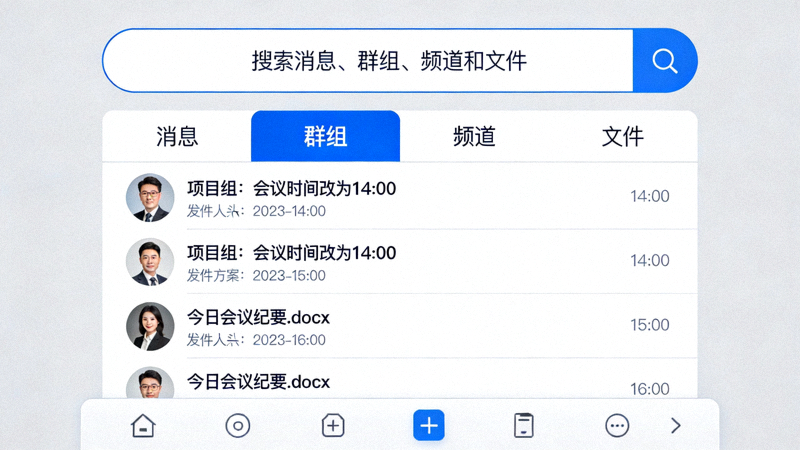 Telegram电脑版全局搜索功能界面演示，展示按类型过滤搜索结果