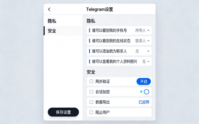 Telegram电脑版隐私与安全设置选项详细界面