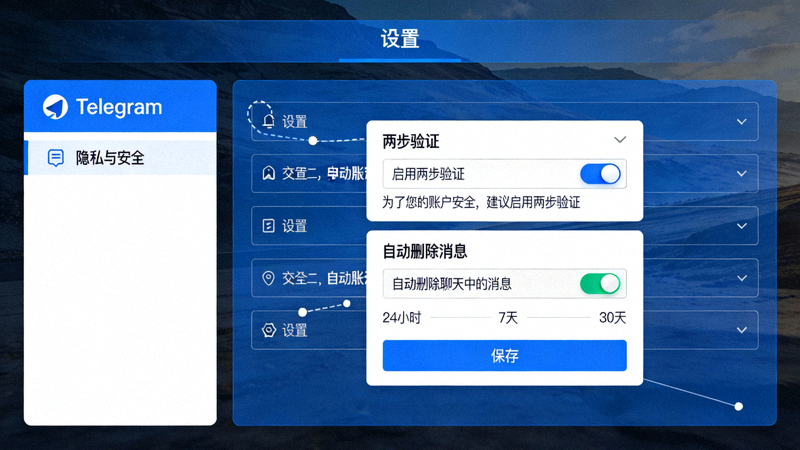 Telegram电脑版隐私与安全设置界面详细截图，展示两步验证和自动删除消息选项