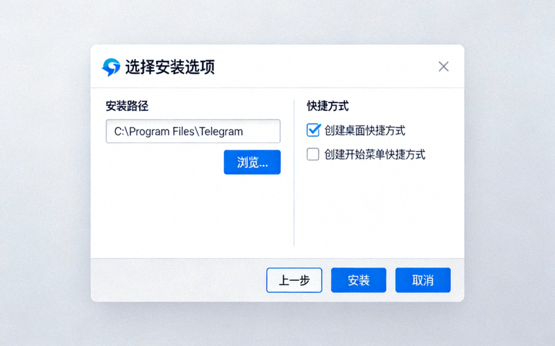 Telegram Windows安装程序中选择安装路径和创建快捷方式的选项界面