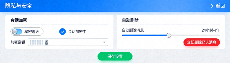 Telegram中文版隐私与安全设置界面，展示会话加密和自动删除选项