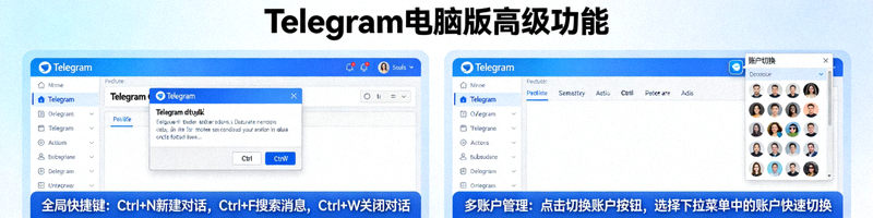 Telegram电脑版侧边栏展示多个已登录账户的切换界面